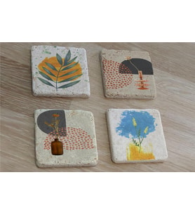 Soyut Çiçek Yaprak ve Objeler Doğal Taş Bardak Altlığı 4'lü set - Natural Stone Coasters