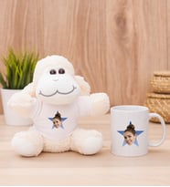 Kişiye Özel Mavi Yıldız Kafa Fotoğraflı Peluş Koyun ve Beyaz Kupa