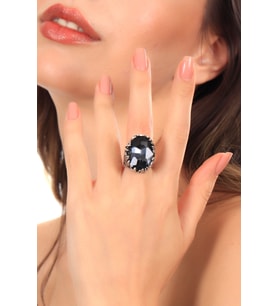 Kadın Antik Gümüş Kaplama Antrasit Renk Swarovski Taş Detaylı Ayarlanabilir Oval Formlu Tasarım Yüzük