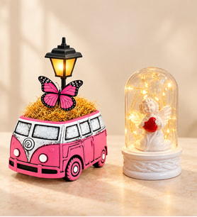 Sevimli Pembe Vosvos Minibüs Masa Lambası ve LED Işıklı Beyaz Melekli Fanus Hediye Seti