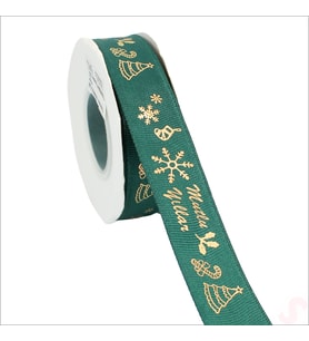 Yılbaşı Mutlu Yıllar Altın Baskılı Grogren Kurdele, 2,5cm x 23mt - Yeşil