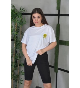 Kadın Bisiklet Yaka Baskılı Kısa kol Oversize T-Shirt - Beyaz