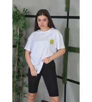 Kadın Bisiklet Yaka Baskılı Kısa kol Oversize T-Shirt - Beyaz