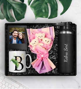 Kişiye Özel 500 ML Çelik Termos & Üçlü Peluş Ayıcık Buketi & Kişiye Özel Harf Kupa & Fotoğraf Çerçevesi Hediye Seti