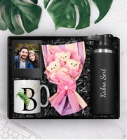 Kişiye Özel 500 ML Çelik Termos & Üçlü Peluş Ayıcık Buketi & Kişiye Özel Harf Kupa & Fotoğraf Çerçevesi Hediye Seti