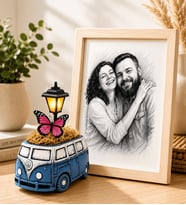 Kişiye Özel Karakalem Fotoğraflı Ahşap Çerçeveli Mavi Vosvos Minibüs Masa Lambası