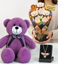 Size Özel Renkli LED Işıklı Ayıcık Buketi, Renkli Anka Kuşu Kolye ve 50 cm Mor Peluş Ayıcık