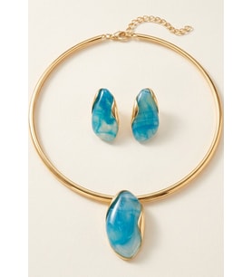Mavi Doğal Taş Görünümlü Gold Choker Kolye ve Küpe Takımı