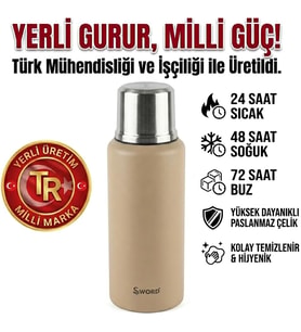 Sword Bej Sütlü Kahve Çelik Termos, 1.5 Litre, 24 Saat Sıcak, 48 Saat Soğuk, 72 Saat Buz Saklama, Yerli Üretim Kamp Termosu