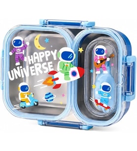 Bento 600ml Lunchbox Sevimli Desenli Tek Katlı 2 Bölmeli Sızdırmaz Paslanmaz Çelik Sefer Tası Çocuk Okul Yemek Kutusu Plastik Kaşık Hediyeli BPA Yok Özel Kutulu - Mavi