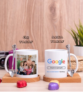 Geline Hediye Google Tasarım Fotoğraflı Ahşap Altlıklı Beyaz Kupa