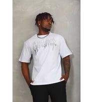 Unisex Oversize Taşlı Bisiklet Yaka T-Shirt - Beyaz