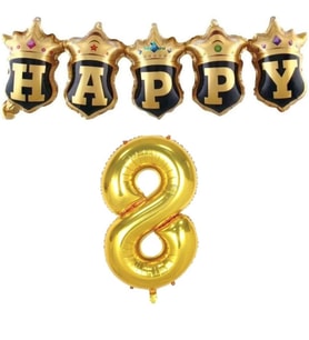 Gold Taçlı Birleşik Happy 8 Yaş Folyo Balon Set