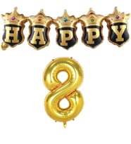 Gold Taçlı Birleşik Happy 8 Yaş Folyo Balon Set