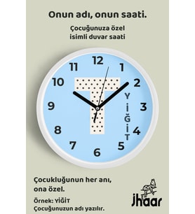 İsme Özel T Harfi Çocuk Odası Duvar Saati Orta Boy 30 cm Beyaz Camlı Sessiz