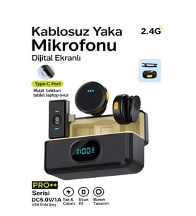 Type-C Girişli 300mAh Dijital Ekranlı 2.4G Kablosuz Çift Yaka Mikrofonu Pro++