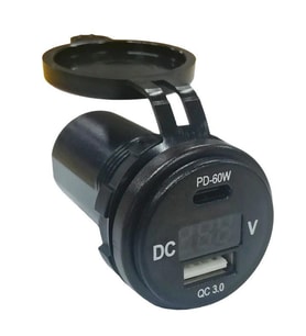 USB + Type-C + Voltmetre 12-24V Şarj Soketi (Siyah)