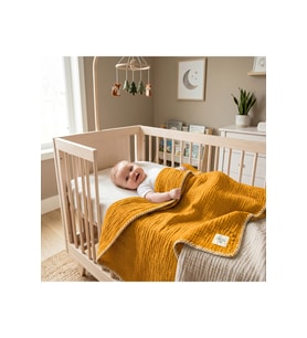 Hardal Sarısı Müslin Bebek Battaniyesi - %100 Pamuk, Çoban Dikişli Kenarlı