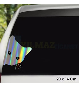 Kenardan Bakan Kedi Hologram Oto Sticker Etiket Çıkartma Aksesuar Yapıştırma Modifiye 20 X 16 Cm