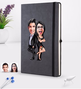 BK Gift Kişiye Özel Sevgililer Karikatürlü Siyah Termo Deri Defter 16x24cm Model 6