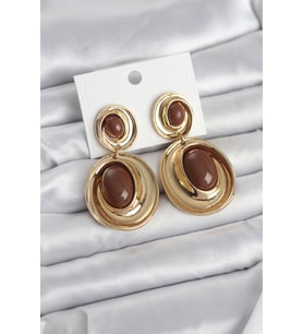 Kahverengi Sallantılı Damla Model Gold Renk Kadın Küpe - Tj-Bkp11671