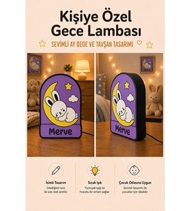 Kişiye Özel İsimli Ay Dede ve Uyuyan Tavşan Gece Lambası Sıcak Işıklı Çocuk Odası Dekoru