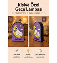 Kişiye Özel İsimli Ay Dede ve Uyuyan Tavşan Gece Lambası Sıcak Işıklı Çocuk Odası Dekoru