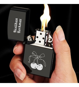 Kişiye Özel İsimli Benzinli Siyah Zippo Çakmak - Kiraz Vişne Baskılı