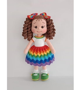 Gökkuşağı Kıvırcık Saçlı Yeşil Ayakkabılı Karnaval Bebek Amigurumi Organik Oyuncak (Standart)