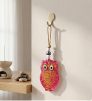 El Yapımı Hediyelik Cam Nazar Boncuklu, Baykuş Figürlü Pembe, Simli, İpli 25 Cm (Koyu Pembe)