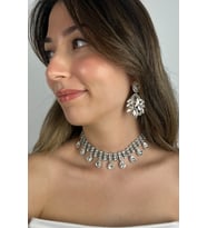 Kadın Fulmine Model Kristal Zirkon Taşlı Gümüş Kaplama Kolye + Küpe Günlük Stil Kombin Takı Seti