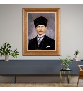 Altın Varaklı Çerçeveli Paspartulu Atatürk Tablo z4599 (Gold)