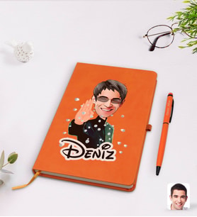 BK Gift Kişiye Özel Matrix Neo Karikatürlü Turuncu Termo Deri Defter Kalem Seti Model 1