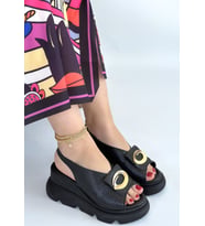 Gwon Siyah Cilt Dolgu Topuk Sandalet