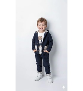 Erkek Çocuk %100 Pamuk Kadife Hırka, Pantolon ve Ayıcık Baskılı Uzun Kollu Sweatli 3'lü Premium Seri
