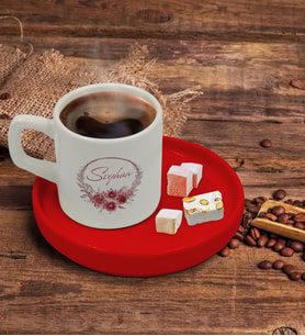 BK Gift Kişiye Özel Kırmızı Sunum Tabaklı Çiçek Tasarımlı Türk Kahvesi Fincanı Model 1