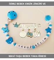Sahi Aksesuar İsimli Bebek Emzik Zinciri ve Mavi Taşlı Bebek Yaka İğnesi TYBEZYI115