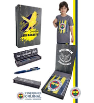 Fenerbahçe Orijinal Renkli Logo Sıfır Yaka Çocuk T-Shirt Uçlu Kalem Hediyelik Set UV Baskılı Ahşap  Kutulu (Gri)