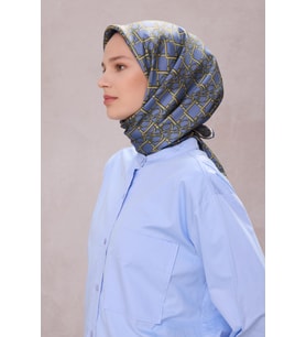 Geometrik Desen İpek Twill Eşarp 4214D01 (İndigo Mavi)