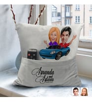 BK Gift Kişiye Özel Sevgililer Karikatür Tasarımlı Organizer Kumanda ve Atıştırmalık Cepli Gri Kırlent Yastık-52 Arkadaşa Hediye, Cepli Yastık