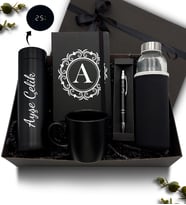 Kişiye Özel Siyah 500 ML Dereceli Termos & Kupa & Defter & Cam Suluk & Kalem Hediye Seti