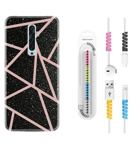 Oppo Reno 2Z 4 Lite 4 Pro 5 6 7 A31 Kılıf Kablo Koruma Spiral Silikon Pembe Şeritli Mermer 1312