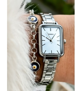 Casio Çelik Kordon, Gümüş Renk,Dikdörtgen Kasa,Kadın Kol Saati+Nazar Boncuklu Bileklik