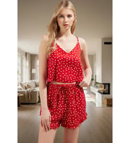 Puantiyeli Desenli İnce Askılı Viskoz Pijama Takımı Rahat Şık ve Yazlık Modern Stil (Kırmızı)