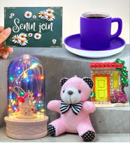 Mor Kahve Fincanlı Renkli Led Işıklı Fanuslu Hediye Seti (Model 1)