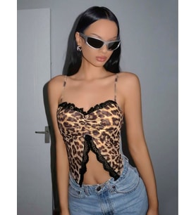 Kadın Leopar Desenli Crop Önden Dantel detaylı 5095