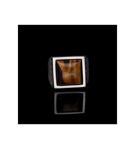 Gümüş Yüzük - Kare Tasarım Kaplan Gözü V Şampania Taşlı 925 Ayar Gümüş Sevgiliye Eşe Hediye Yüzük