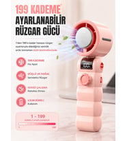 199 Kademeli Şarjlı El Vantilatörü Soğutmalı Mini Fan Dijital Ekranlı Type-C Şarjlı Taşınabilir El Fanı Boyun Askılı Pembe