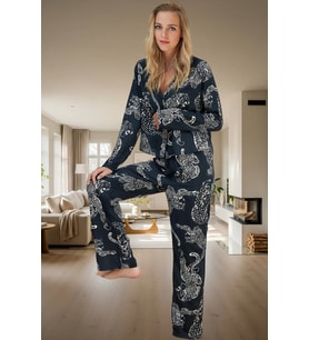 Yumuşak Viskoz Kumaştan Şık Kaplan Desenli Pijama Takımı Profesyonel Görünüm (Antrasit)