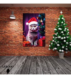 Tekli Dikey Kanvas Duvar Tablosu Yılbaşı Hediyesi Noel Baba Kostümlü British Shorthair